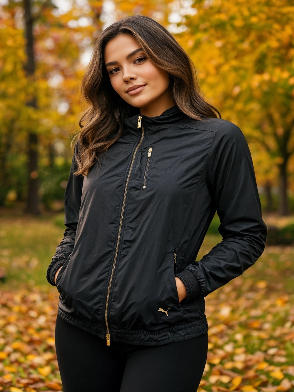 PUMA Vintage Black Zip-Up Bomber Jacket with Gold Hardware